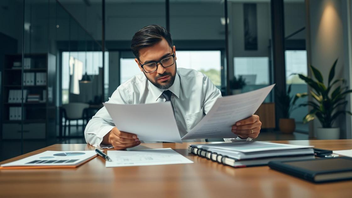 Empresário analisando documentos de due diligence contratual em escritório moderno.
