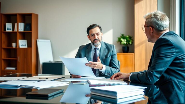 Advogado explicando contrato de comodato a cliente em escritório moderno.