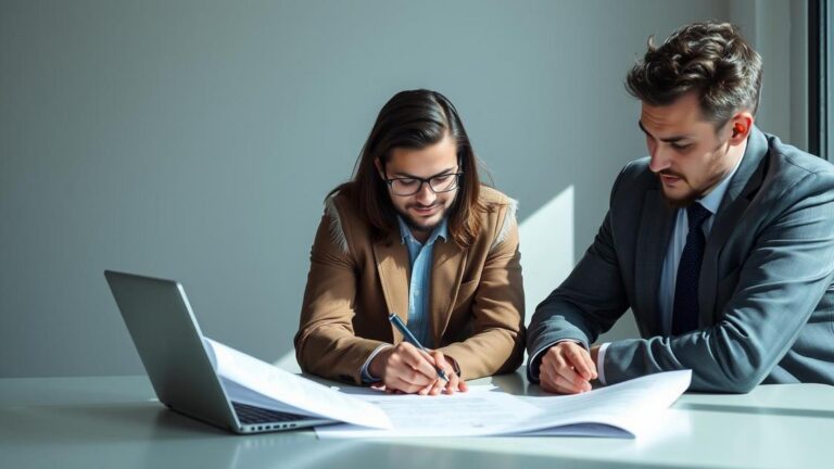 Locatário analisando contrato de locação com advogado em um escritório, explorando o direito de preferência na locação.