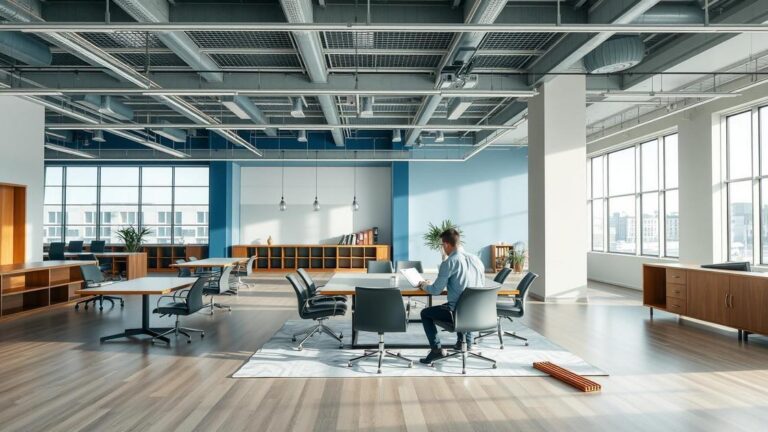 Superficiário examinando projeto de construção com advogado em escritório moderno sobre direito de superfície.