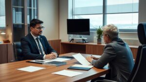 Advogado discutindo cláusula penal com cliente em escritório moderno, abordando aspectos contratuais.