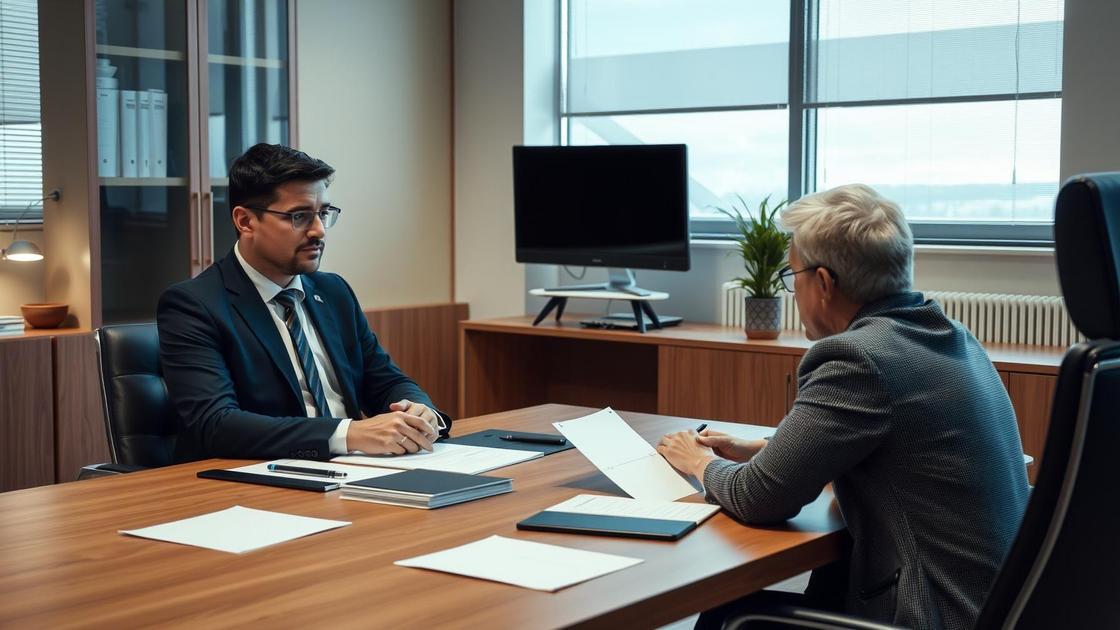 Advogado discutindo cláusula penal com cliente em escritório moderno, abordando aspectos contratuais.