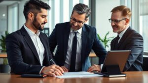 Trabalhador consultando advogado sobre cálculo do 13º salário em escritório moderno, abordando direitos trabalhistas.