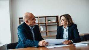 Duas pessoas conversando sobre como elaborar um contrato seguro em escritório moderno.