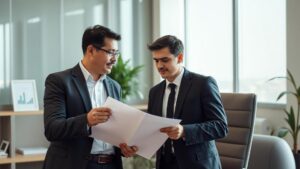 Advogado conversando com jovem empresário sobre como evitar problemas com a Receita Federal em escritório moderno.