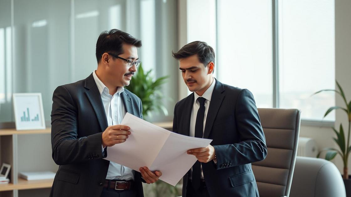 Advogado conversando com jovem empresário sobre como evitar problemas com a Receita Federal em escritório moderno.