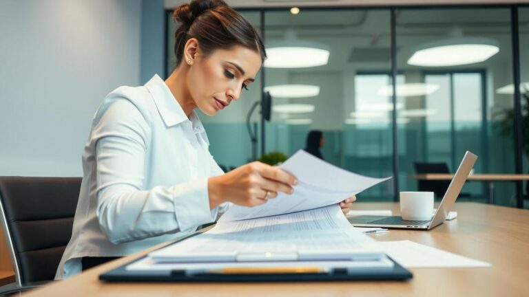 Contribuinte revisando documentos de Imposto de Renda com expressão concentrada em escritório moderno.