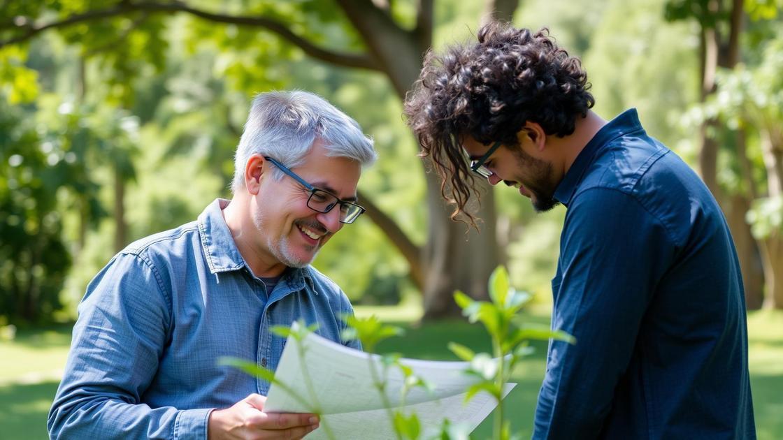 Pais em conversa amigável sobre guarda compartilhada em parque, ressaltando o bem-estar das crianças.