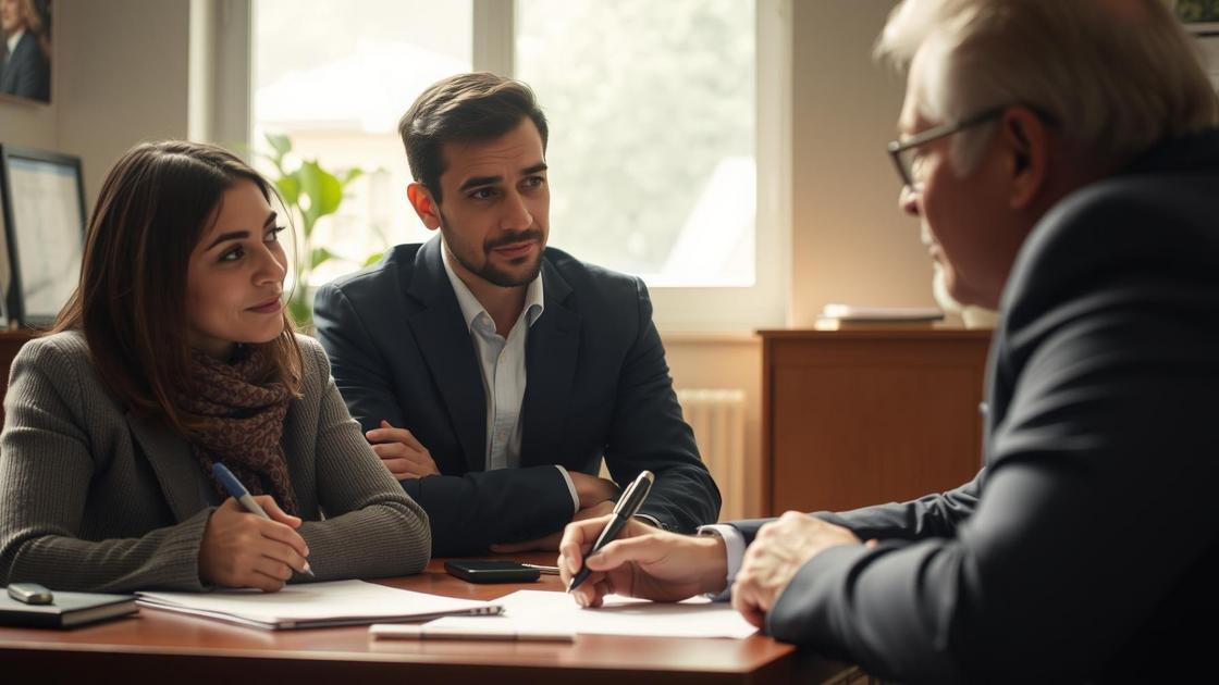 Dependentes de segurado conversando com advogado sobre auxílio-reclusão em ambiente de escritório, refletindo apoio e confiança.