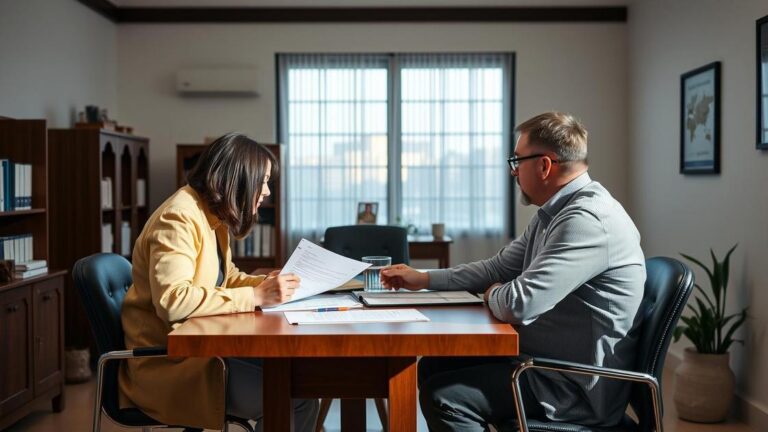 Funcionário ao lado de cliente diversificado analisando documentação sobre aviso prévio em escritório.