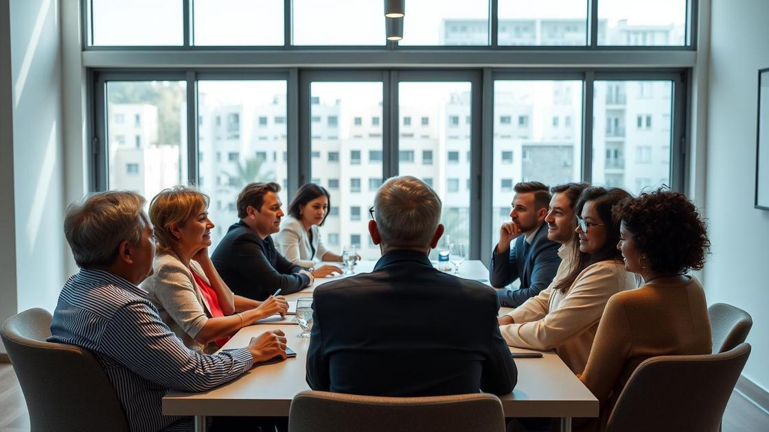 Moradores em reunião pacífica com advogado discutindo a resolução de disputas em condomínios.