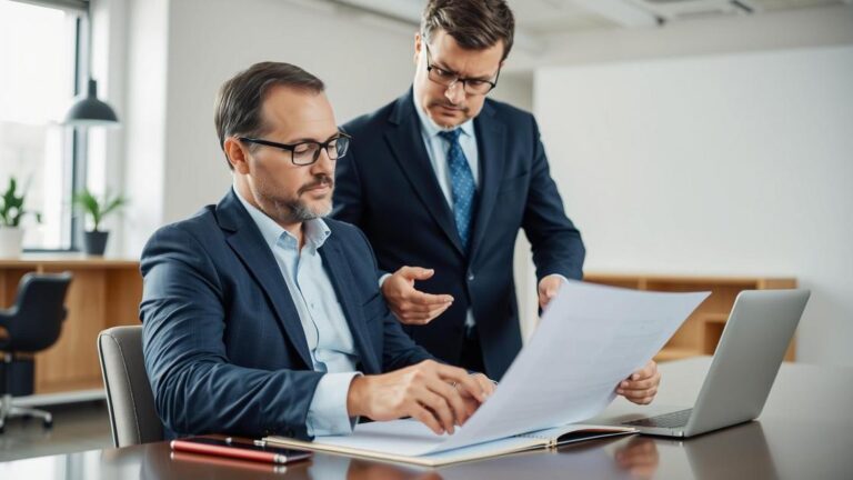 Investidor analisando contrato de investimento com advogado em escritório moderno, enfatizando cuidados essenciais.