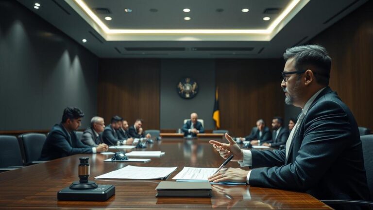 Advogado apresentando caso ao CARF em reunião de tribunal, representando legalidade e defesa tributária.