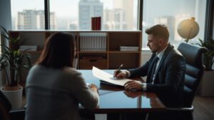 Cliente consultando advogado sobre distrato imobiliário em escritório moderno.