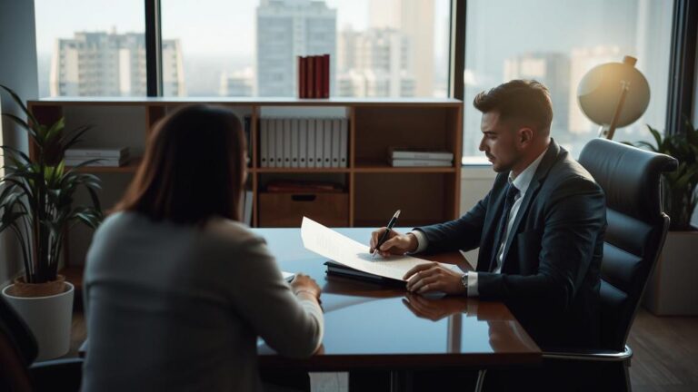 Cliente consultando advogado sobre distrato imobiliário em escritório moderno.