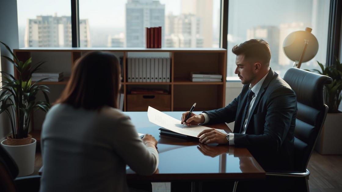 Cliente consultando advogado sobre distrato imobiliário em escritório moderno.