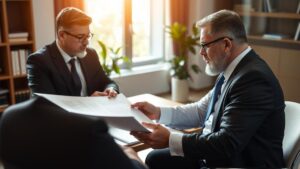 Advogado explicando o princípio da não cumulatividade a empresários em um escritório moderno.