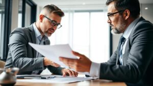 Empresário e advogado revisando planos de joint venture em um escritório moderno, simbolizando colaboração.