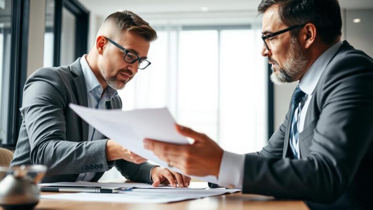 Empresário e advogado revisando planos de joint venture em um escritório moderno, simbolizando colaboração.