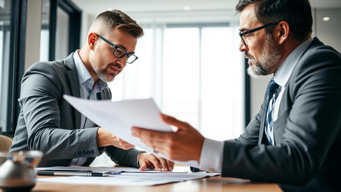 Empresário e advogado revisando planos de joint venture em um escritório moderno, simbolizando colaboração.