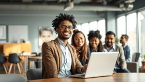 Jovem empreendedor de etnia diversa em reunião com advogados em escritório moderno, abordando desafios jurídicos das startups.