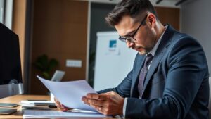 Trabalhador revisando documentos com advogado sobre horas extras não pagas em escritório moderno, artigo sobre direitos trabalhistas.