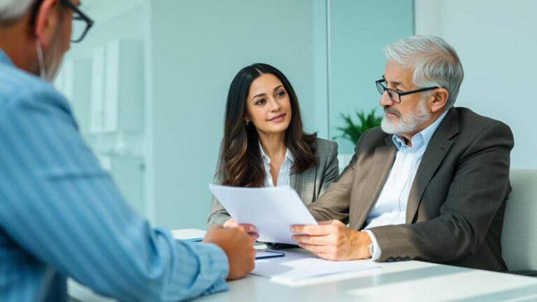 Reforma da Previdência: o que mudou? Mulher advogada e cliente idoso em consulta sobre alterações previdenciárias.