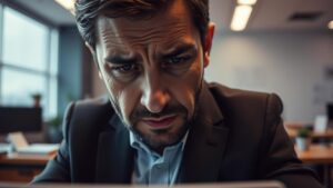 Trabalhador angustiado em escritório moderno simbolizando assédio moral no trabalho: o que fazer?