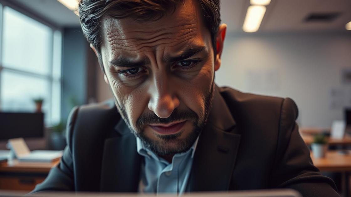 Trabalhador angustiado em escritório moderno simbolizando assédio moral no trabalho: o que fazer?