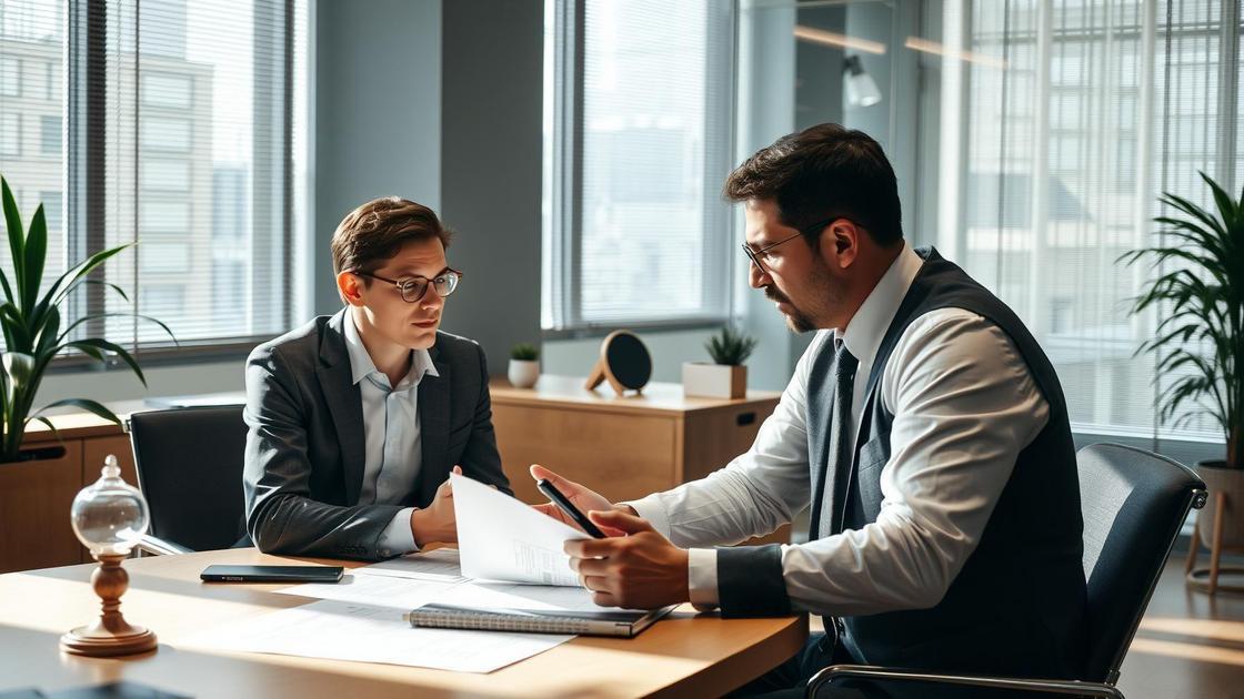 Cliente ansioso discutindo com advogado sobre atraso na entrega de imóvel em escritório