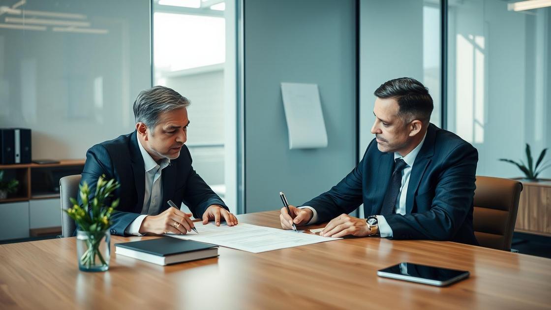 Empresário e advogado revisando contrato em escritório para evitar problemas com fornecedores.