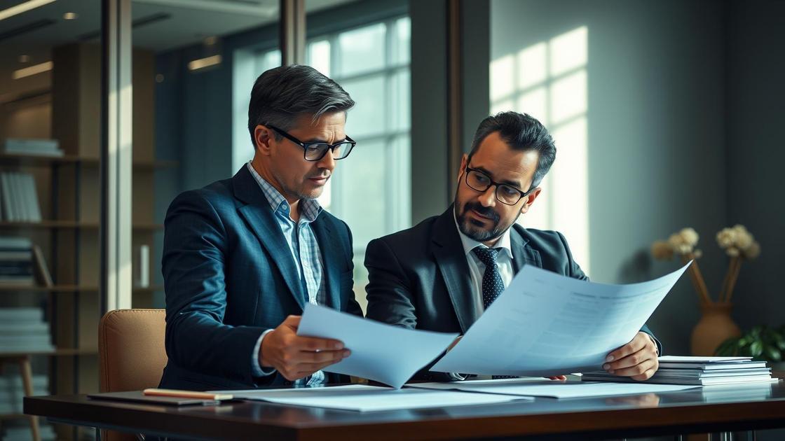 Contribuinte e advogado discutindo isenção fiscal em escritório moderno.