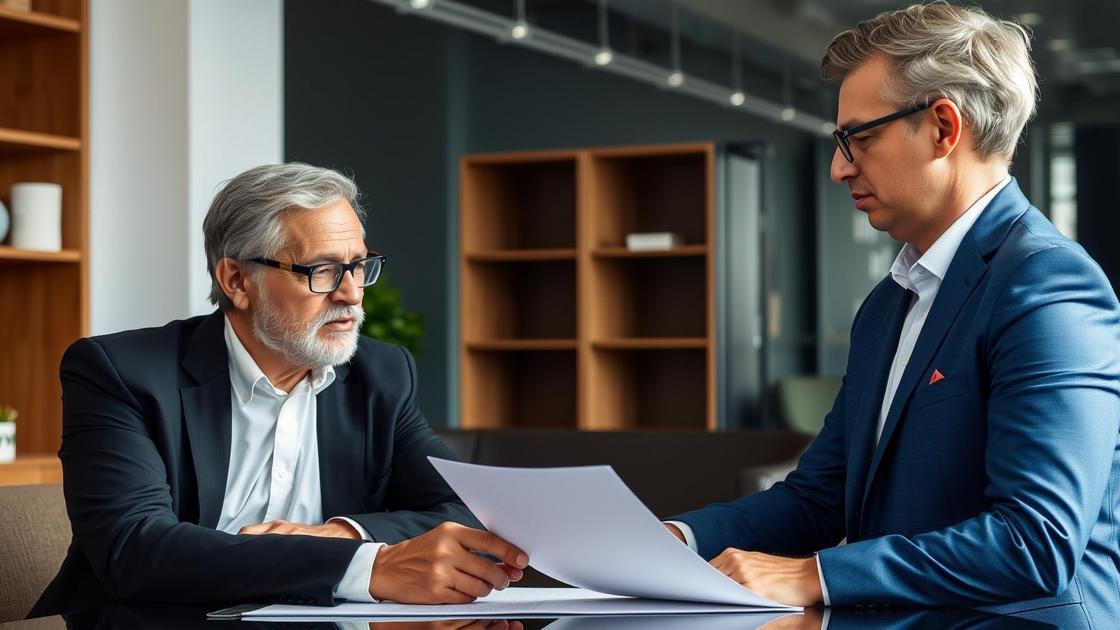 Dupla de pessoas discutindo contrato de permuta de imóveis em escritório moderno, como funciona a permuta de imóveis?
