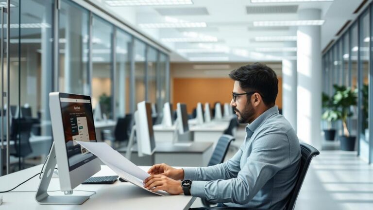 Trabalhador em escritório moderno verificando relatórios sobre banco de horas com sentimento de organização.