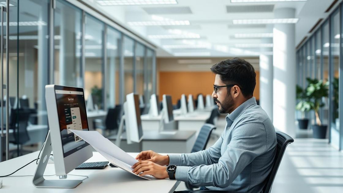 Trabalhador em escritório moderno verificando relatórios sobre banco de horas com sentimento de organização.