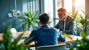 Inovador jovem em mesa de escritório discutindo patente com advogado experiente e documentação essencial.