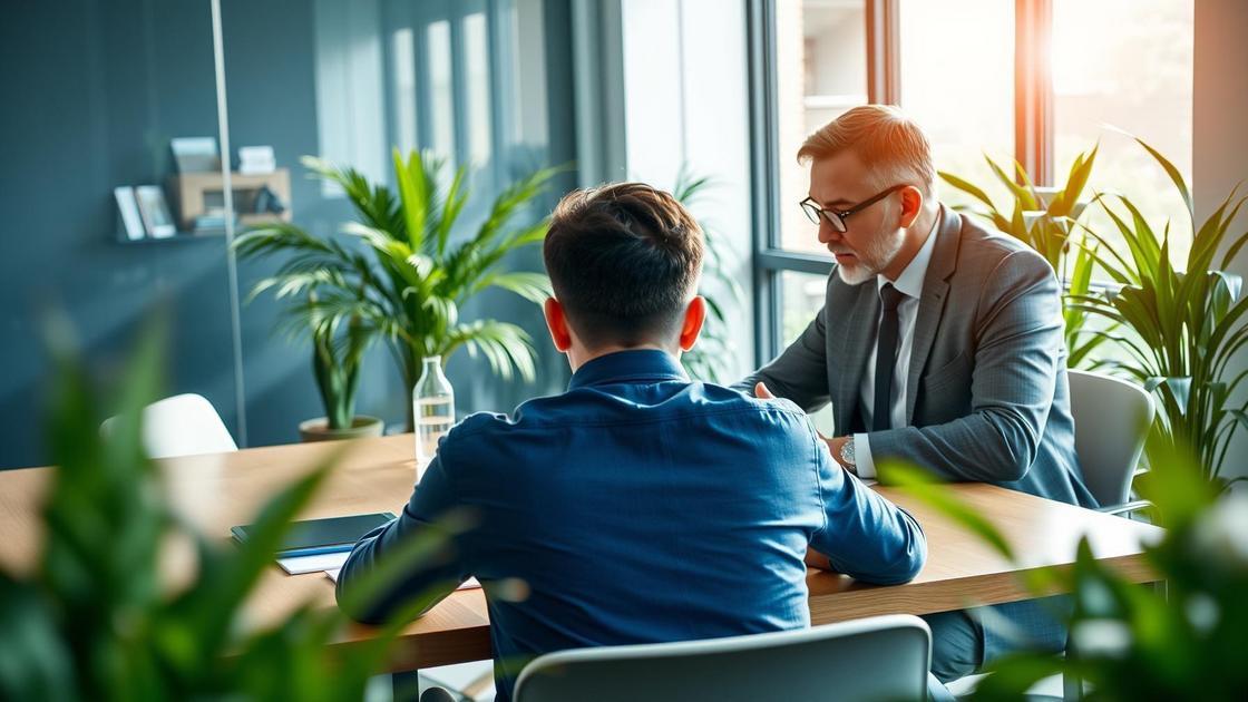 Inovador jovem em mesa de escritório discutindo patente com advogado experiente e documentação essencial.