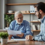 Advogado orientando cliente idoso em consulta sobre a aposentadoria por invalidez em escritório moderno.
