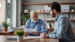 Advogado orientando cliente idoso em consulta sobre a aposentadoria por invalidez em escritório moderno.