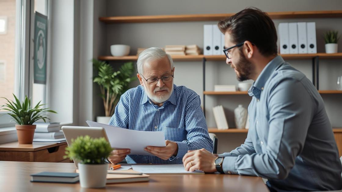 Advogado orientando cliente idoso em consulta sobre a aposentadoria por invalidez em escritório moderno.