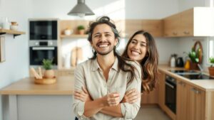 "Empregada doméstica feliz sorrindo em uma cozinha moderna, ilustrando os direitos da empregada doméstica."