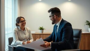 Cliente satisfeito recebendo orientação de advogado sobre direitos do consumidor em um escritório iluminado.