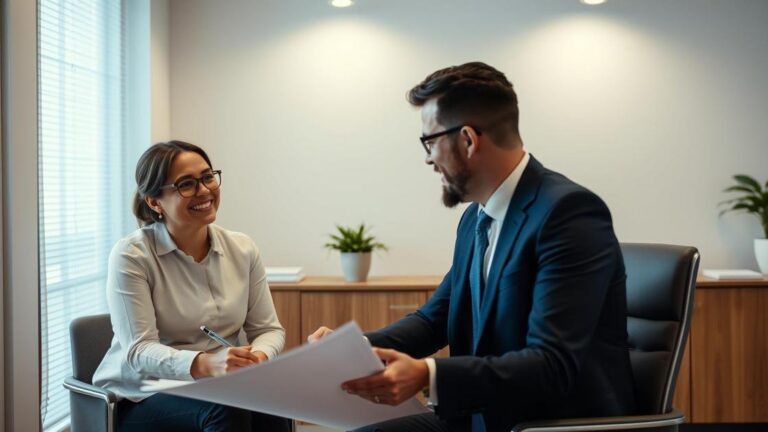 Cliente satisfeito recebendo orientação de advogado sobre direitos do consumidor em um escritório iluminado.