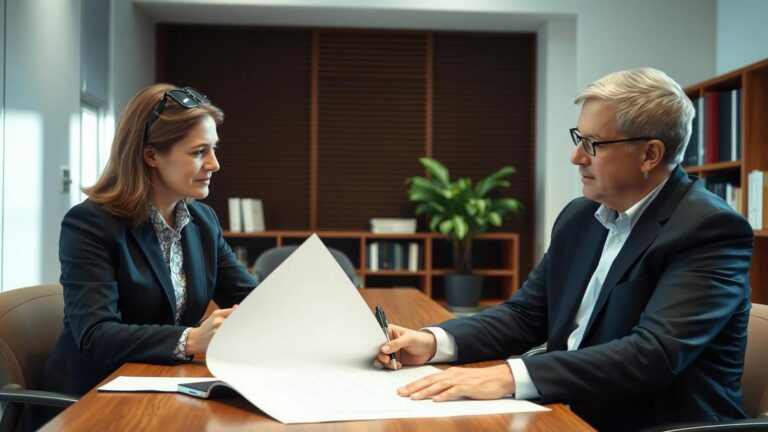 Estudante estagiário consultando advogado sobre direitos do estagiário no ambiente de trabalho em escritório moderno.