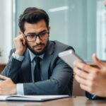 Trabalhador preocupado consultando advogado jovem sobre demissão sem justa causa em escritório legal.