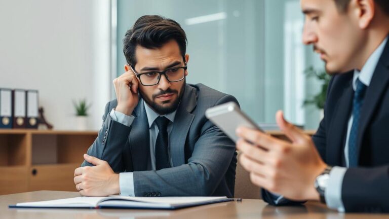 Trabalhador preocupado consultando advogado jovem sobre demissão sem justa causa em escritório legal.