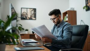 Trabalhador em home office revisando documentos em um ambiente de escritório em casa.