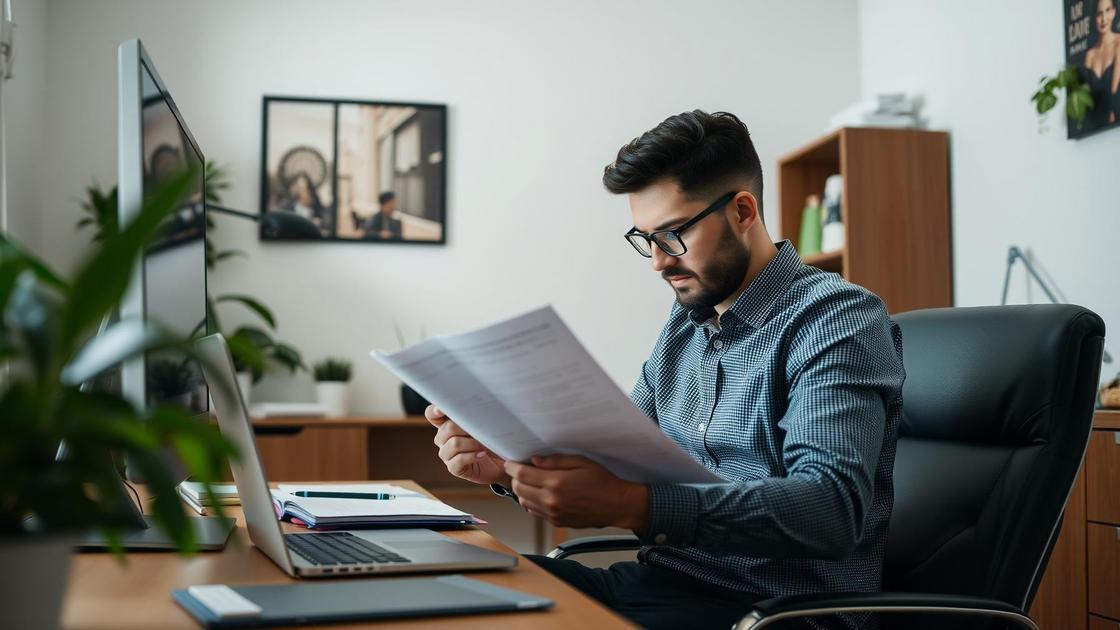 Trabalhador em home office revisando documentos em um ambiente de escritório em casa.