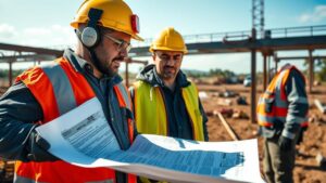 Trabalhador da construção civil recebendo orientação sobre adicional de insalubridade por advogado em obra insalubre.