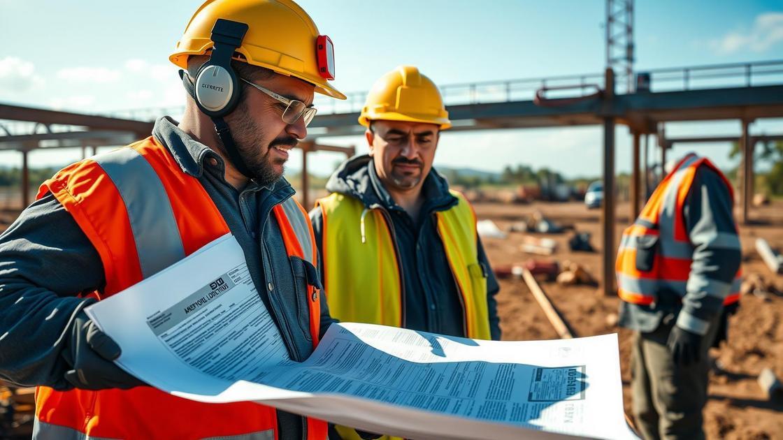 Trabalhador da construção civil recebendo orientação sobre adicional de insalubridade por advogado em obra insalubre.